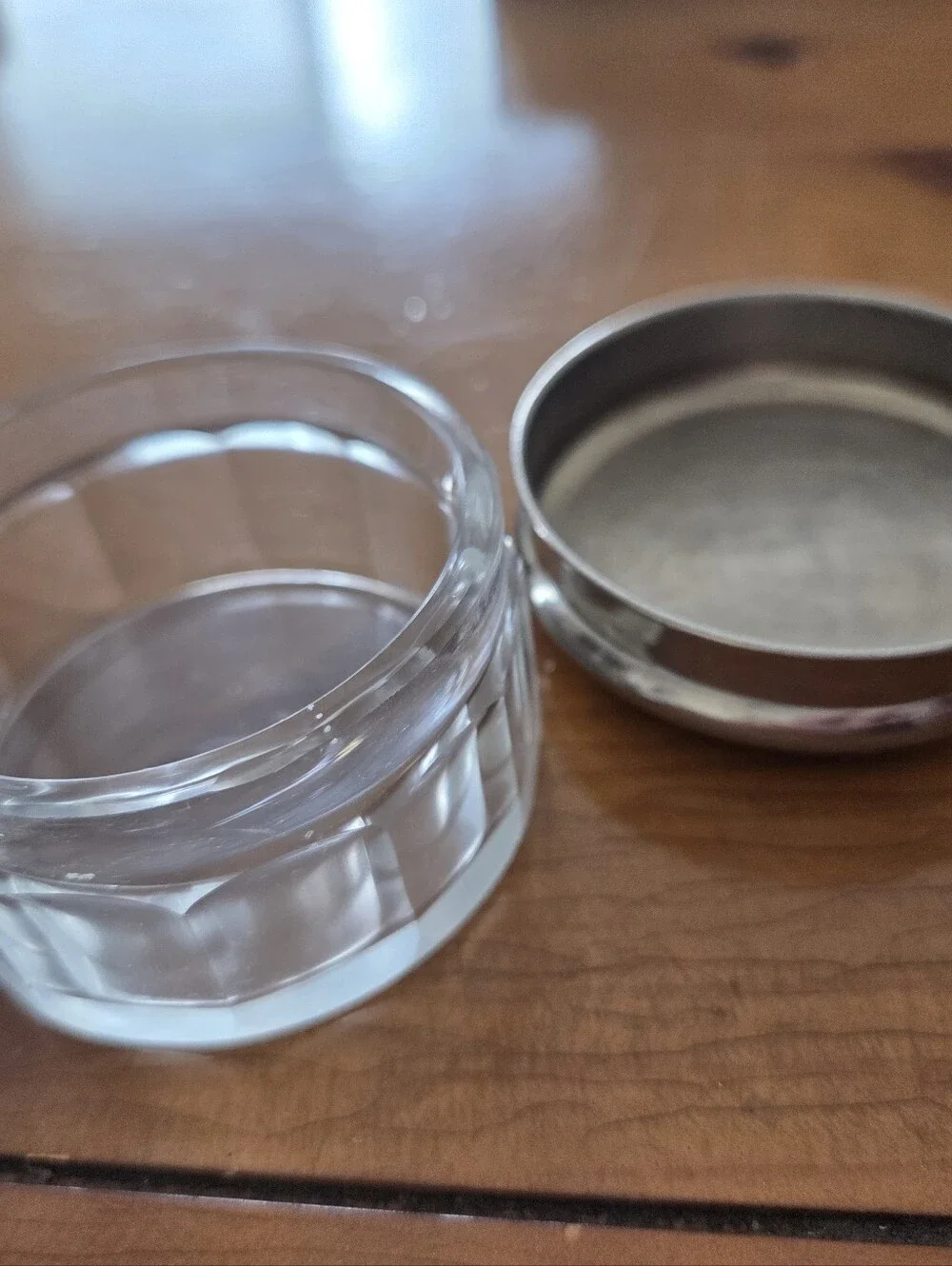 Art Nouveau French Pill Container Pressed Glass With Silver Lid